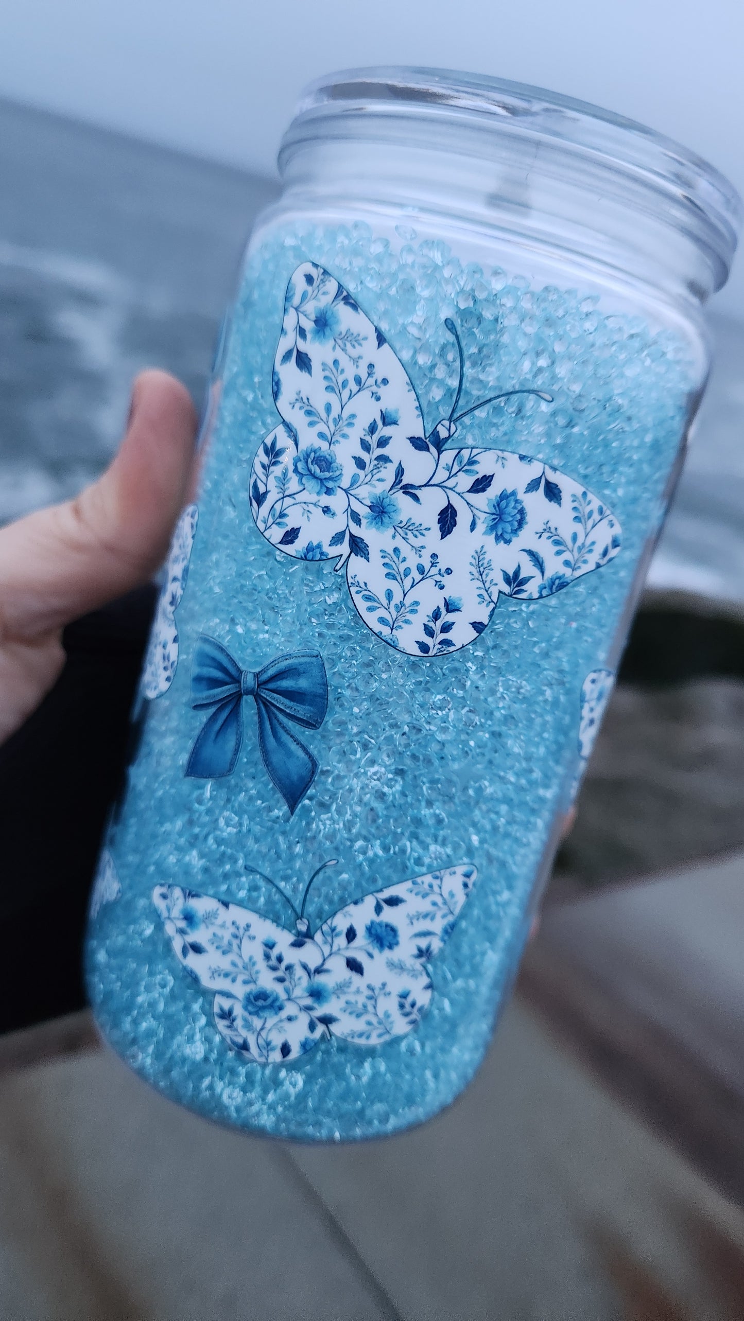 16oz Acrylic Butterfly Diva with Bows Tumbler with Crystal Snowglobe Filling - Ready to Ship