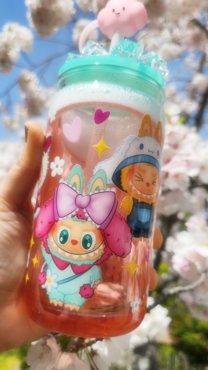 16oz Plastic Tumbler - Strawberry Soda Flow - Labubu - THE MONSTERS - Ice Lid - Hello Kitty Edition - Cloud Silicon Straw Cap - Ready To Ship