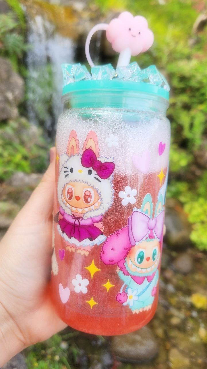 16oz Plastic Tumbler - Strawberry Soda Flow - Labubu - THE MONSTERS - Ice Lid - Hello Kitty Edition - Cloud Silicon Straw Cap - Ready To Ship