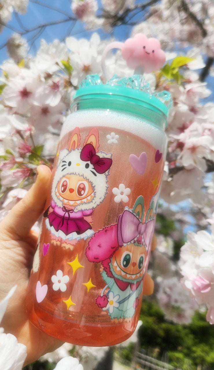 16oz Plastic Tumbler - Strawberry Soda Flow - Labubu - THE MONSTERS - Ice Lid - Hello Kitty Edition - Cloud Silicon Straw Cap - Ready To Ship