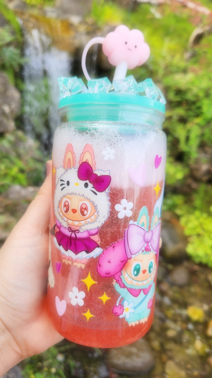 16oz Plastic Tumbler - Strawberry Soda Flow - Labubu - THE MONSTERS - Ice Lid - Hello Kitty Edition - Cloud Silicon Straw Cap - Ready To Ship