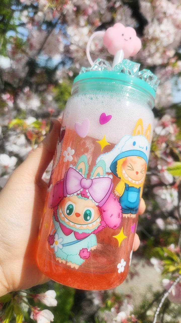 16oz Plastic Tumbler - Strawberry Soda Flow - Labubu - THE MONSTERS - Ice Lid - Hello Kitty Edition - Cloud Silicon Straw Cap - Ready To Ship