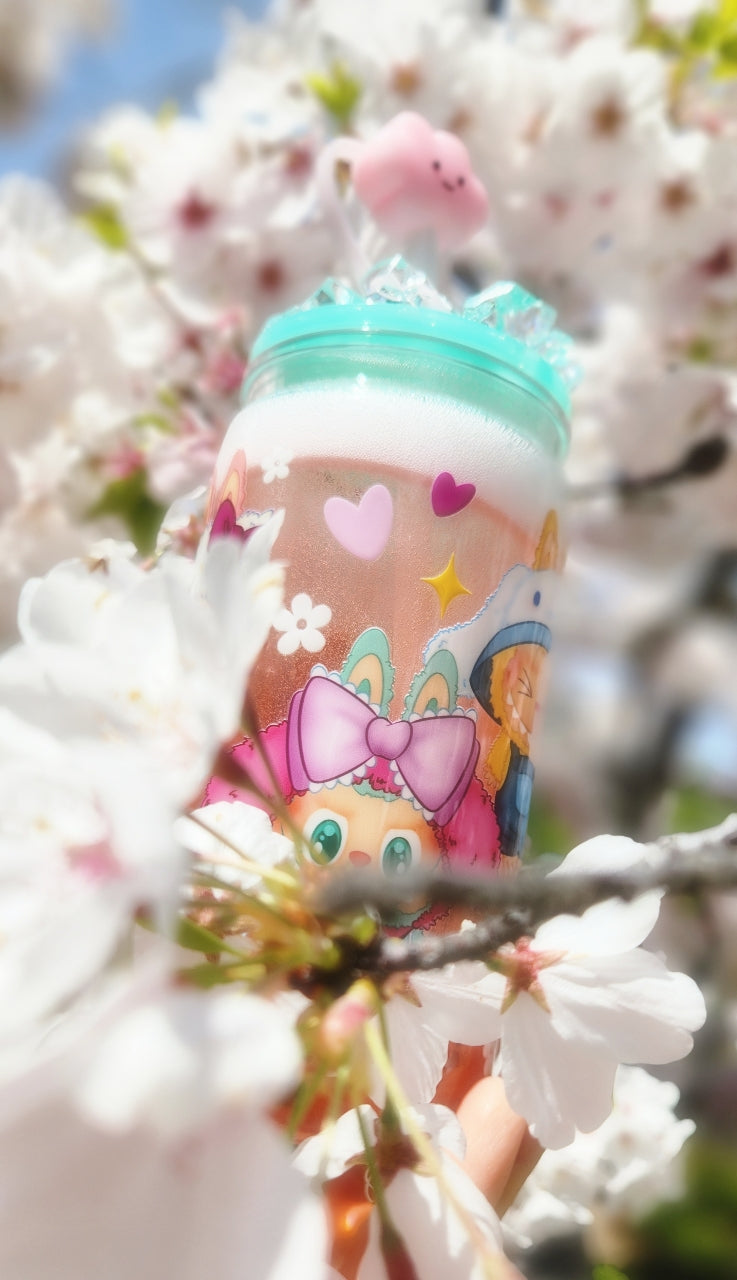 16oz Plastic Tumbler - Strawberry Soda Flow - Labubu - THE MONSTERS - Ice Lid - Hello Kitty Edition - Cloud Silicon Straw Cap - Ready To Ship