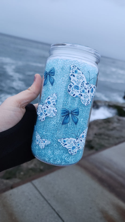 16oz Acrylic Butterfly Diva with Bows Tumbler with Crystal Snowglobe Filling - Ready to Ship