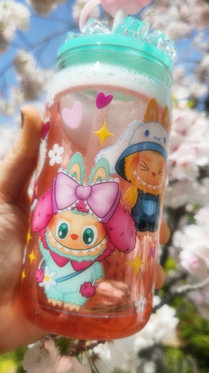 16oz Plastic Tumbler - Strawberry Soda Flow - Labubu - THE MONSTERS - Ice Lid - Hello Kitty Edition - Cloud Silicon Straw Cap - Ready To Ship