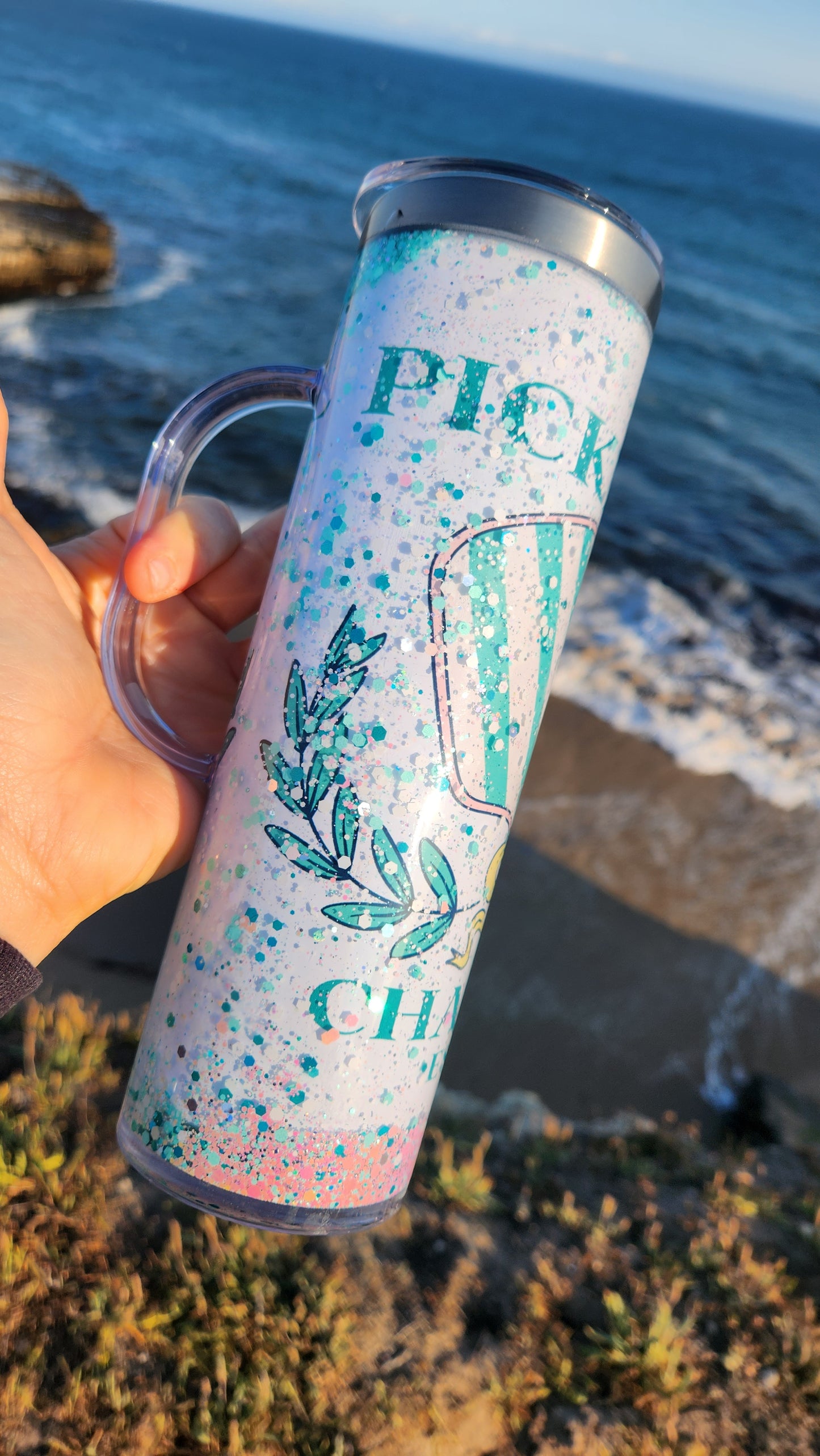 20oz Stainless Steel Snowglobe Tumbler with Handle - Pickelball - Glitter Flow