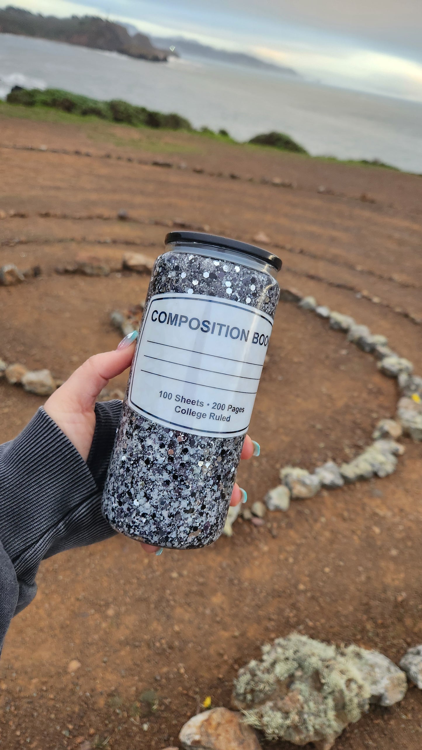 Composition Notebook Custom Tumbler: Pre-Made, 16oz Glass Snowglobe Tumbler with Chunky Glitter