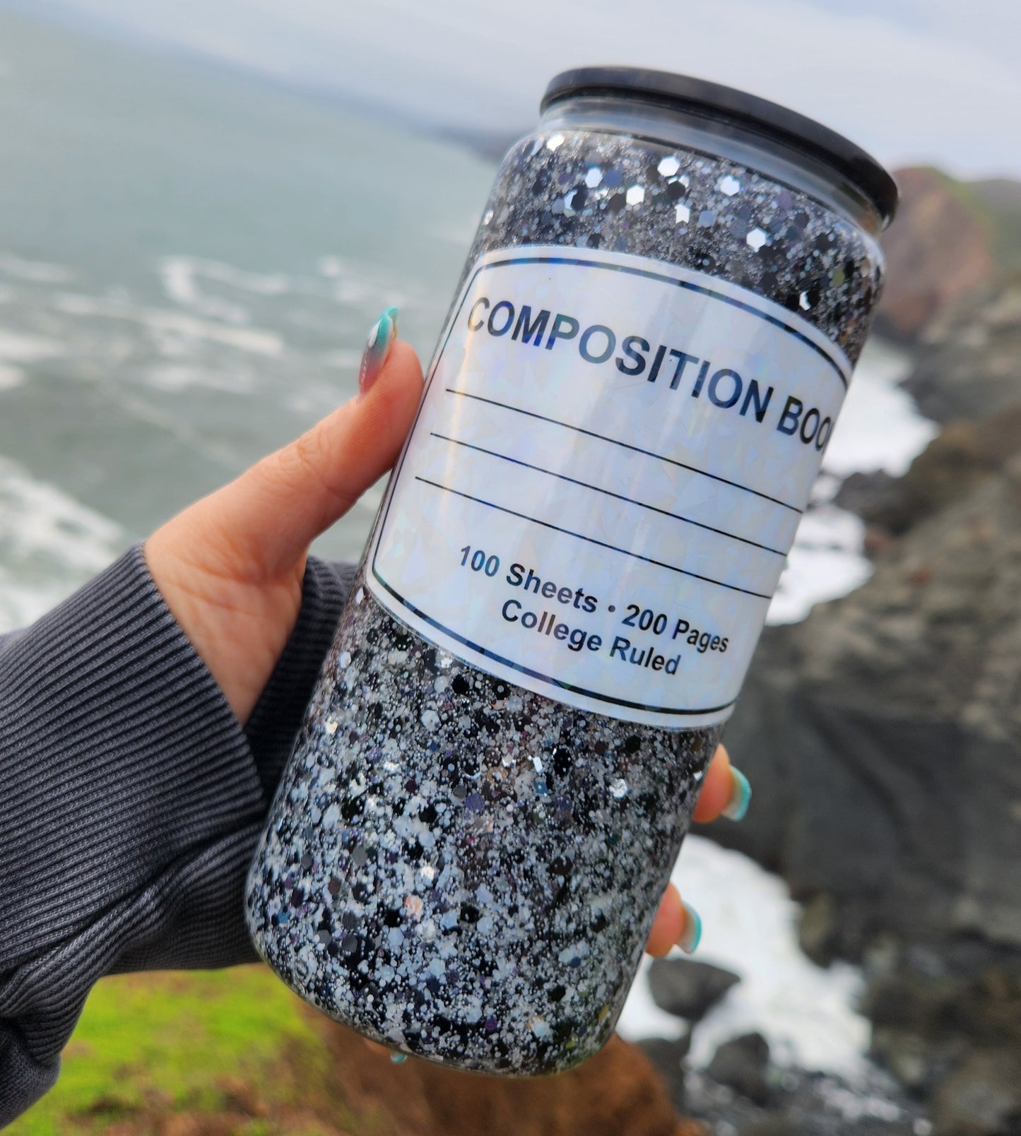 Composition Notebook Custom Tumbler: Pre-Made, 16oz Glass Snowglobe Tumbler with Chunky Glitter