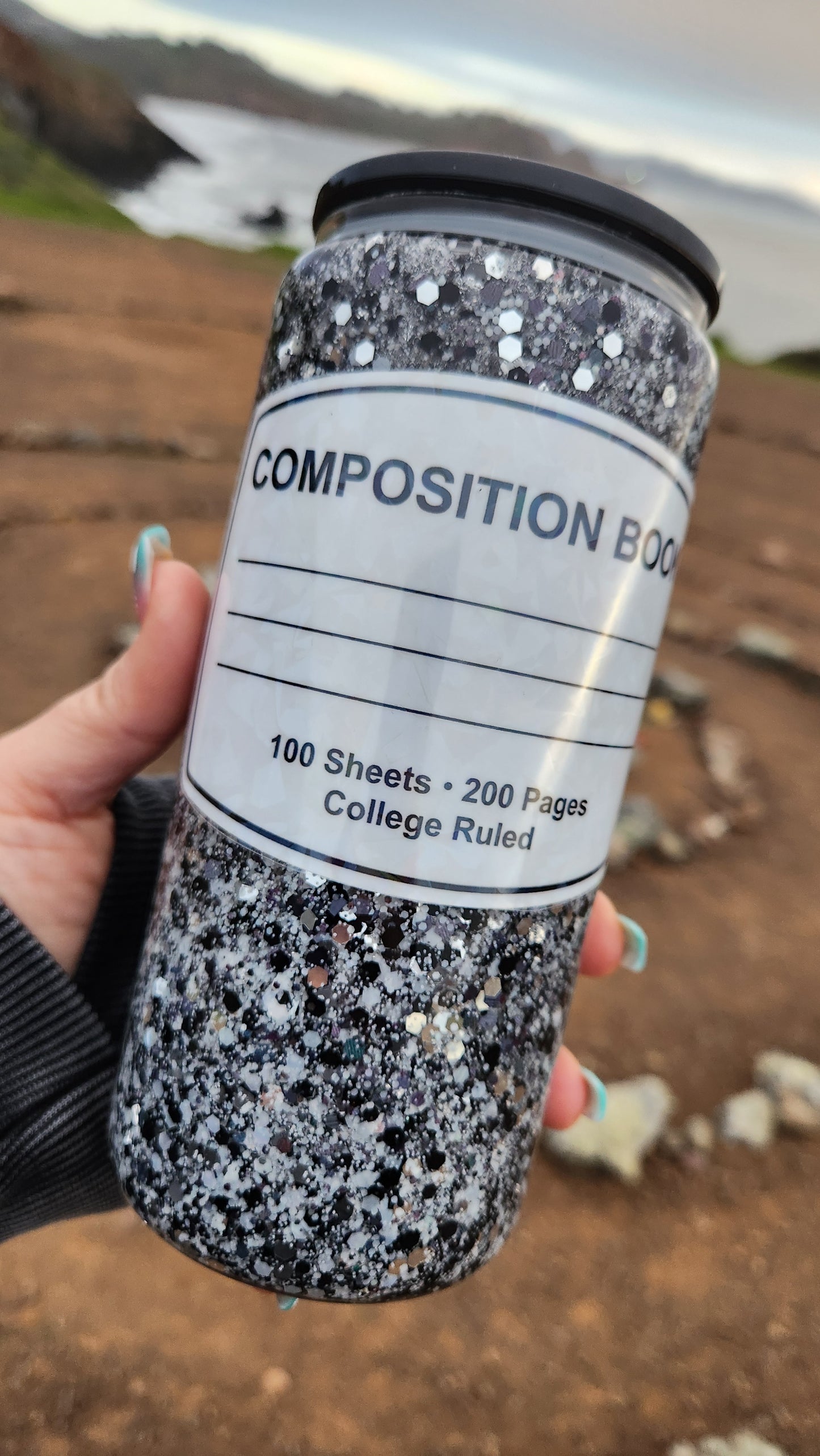 Composition Notebook Custom Tumbler: Pre-Made, 16oz Glass Snowglobe Tumbler with Chunky Glitter