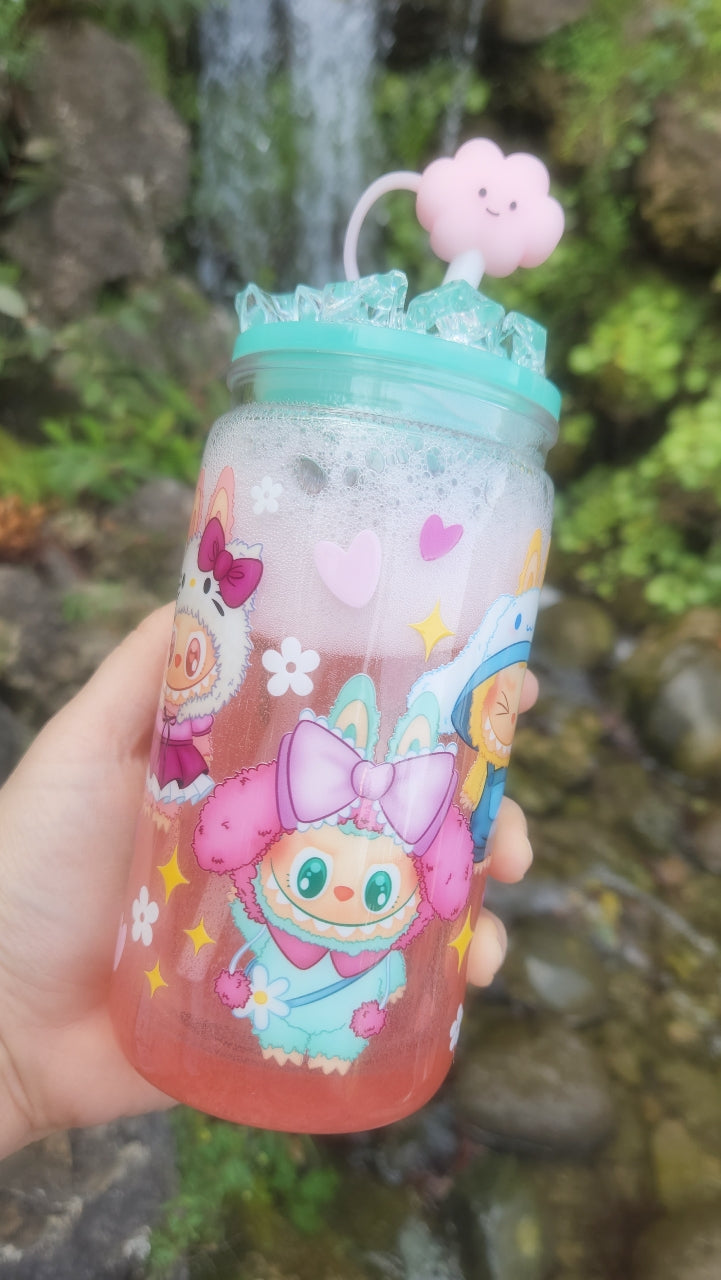 16oz Plastic Tumbler - Strawberry Soda Flow - Labubu - THE MONSTERS - Ice Lid - Hello Kitty Edition - Cloud Silicon Straw Cap - Ready To Ship