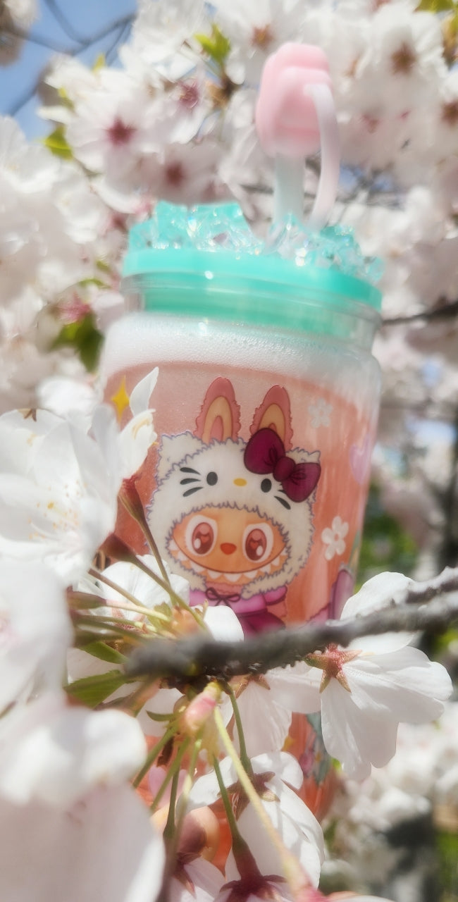 16oz Plastic Tumbler - Strawberry Soda Flow - Labubu - THE MONSTERS - Ice Lid - Hello Kitty Edition - Cloud Silicon Straw Cap - Ready To Ship