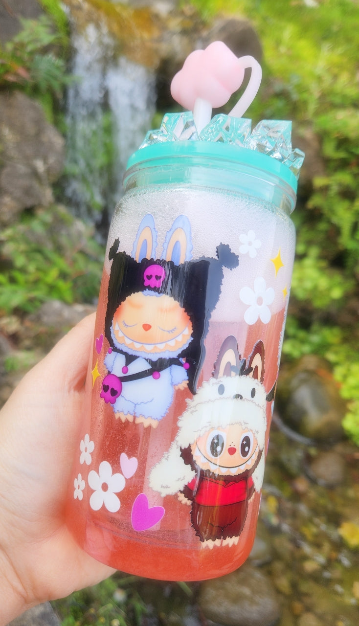 16oz Plastic Tumbler - Strawberry Soda Flow - Labubu - THE MONSTERS - Ice Lid - Hello Kitty Edition - Cloud Silicon Straw Cap - Ready To Ship