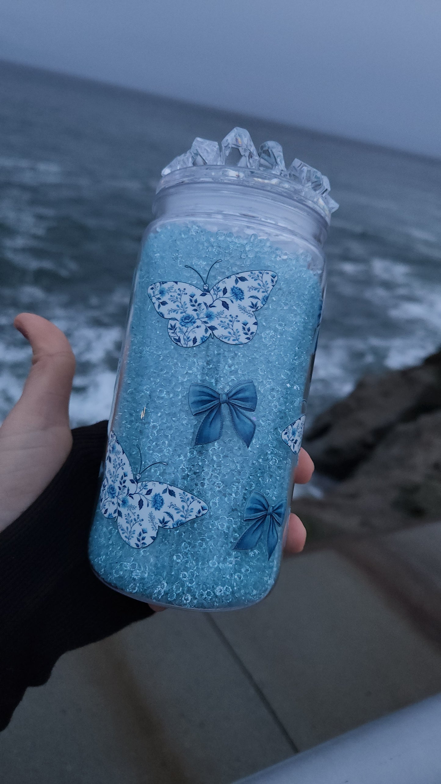 16oz Acrylic Butterfly Diva with Bows Tumbler with Crystal Snowglobe Filling - Ready to Ship